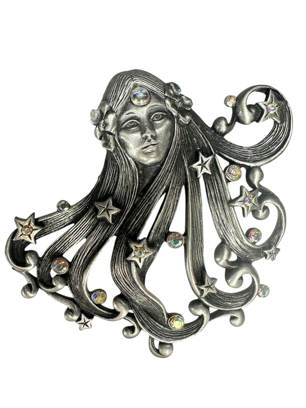 Silver Metal & Rhinestone Woman Brooch / Goth Celestial Glam Retro Vintage